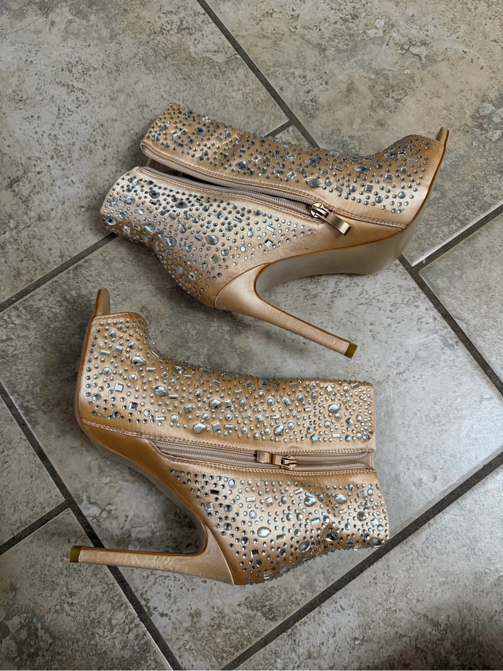 Nude Satin Rhinestone Boot Heels - Picture 2 of 5